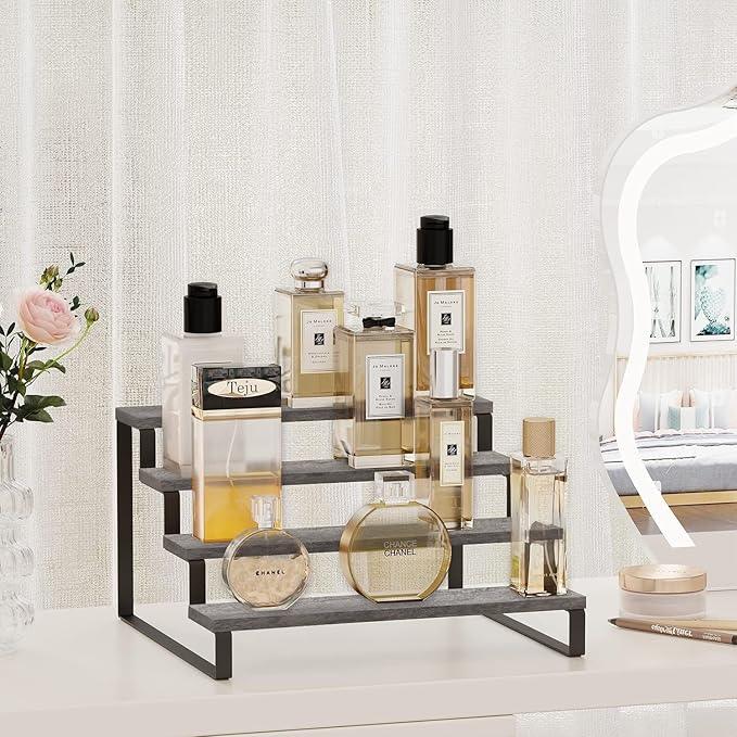YINMIT Wooden Display Riser Stand, Tiered Perfume and Cologne Organizer Stand, 4 Tier Spice Rack Organizer, Rustic Display Shelf for Candles (4 Tier,Grey)