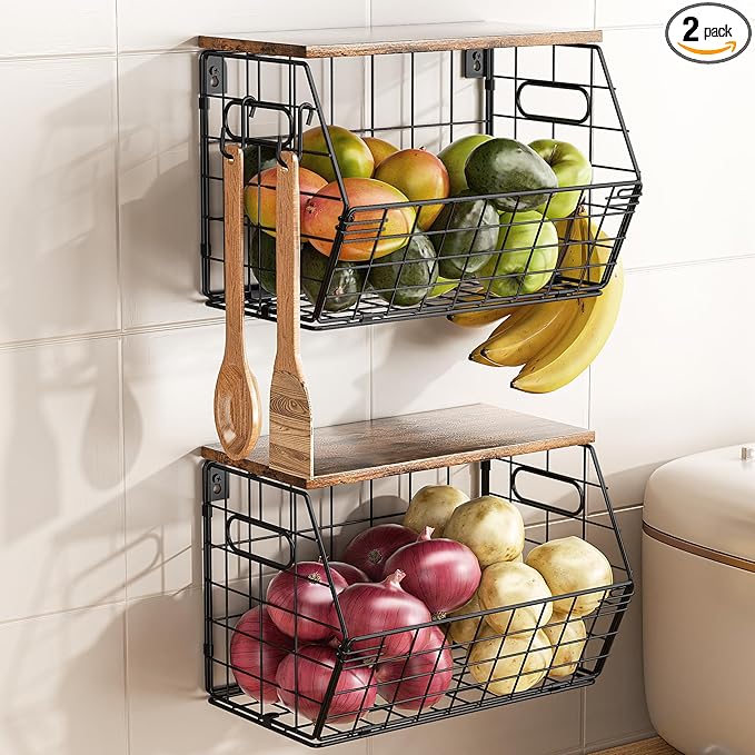 Delamu 2-Pack Stackable Metal Fruit Basket with Wood Lid-Wall Mounted & Countertop Organizer for Kitchen,Pantry- Ventilated Storage for Onions,Potatoes,Fruits,Spices (12