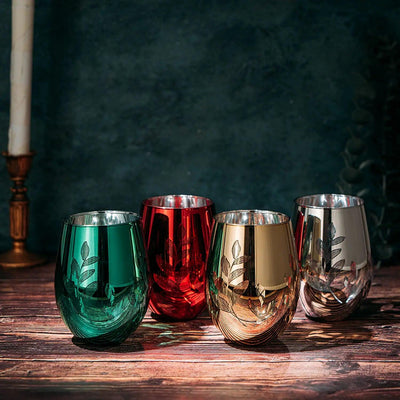 Multicolor 4-Piece Tree Stemless Wine & Water Glasses - Shining Red Green Yellow Silver, Housewarming Gift For Her, Him Party Décor, Colored Glass Trees Décor, Kitchen Home Decoration (Stemless)