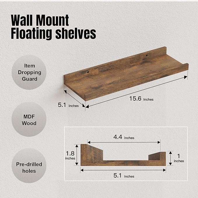 RICHER HOUSE 5 Set Floating Shelves for Wall Decor, Wall Mounted Book Shelf, Nursery Shelves Picture Ledge Shelf with Lip for Wall Storage, Bedroom, Living Room, Bathroom - Brown