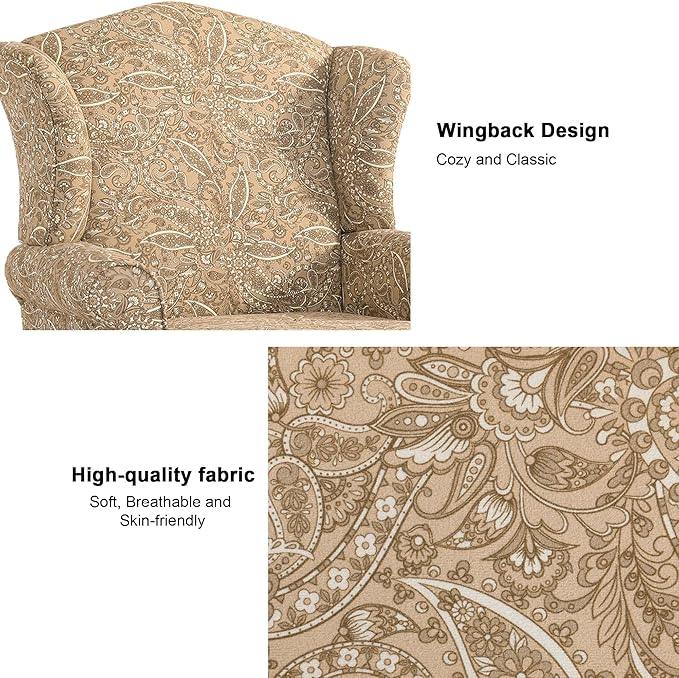 Accent Chair, High Back Upholstered Armchair with High Resilience Sponge & Wood Legs, Mid-Century Modern Comfy Single Sofa Reading Chairs for Living Room, Bedroom (Floral Light Brown, Set of 1)