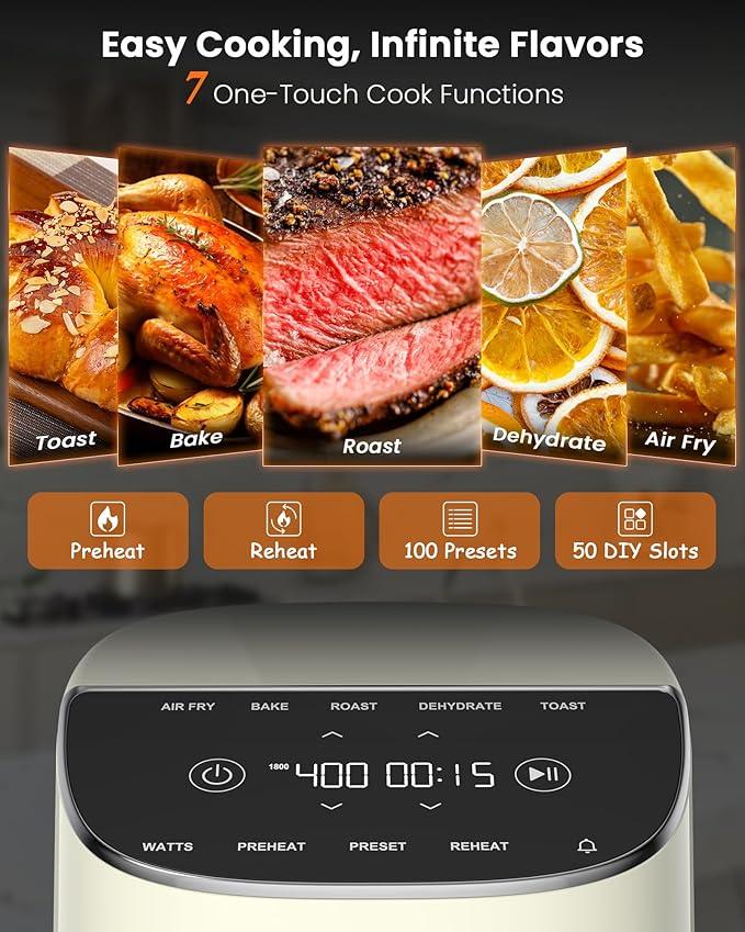 Nuwave Brio Plus Air Fryer 8 Qt, New & Improved, PFAS-FREE, 7 Digital One-Touch Cook Functions that AIR FRY, BAKE, ROAST, DEHYDRATE, TOAST, REHEAT, PREHEAT, 150 Presets, 50°F~400°F (Cream)