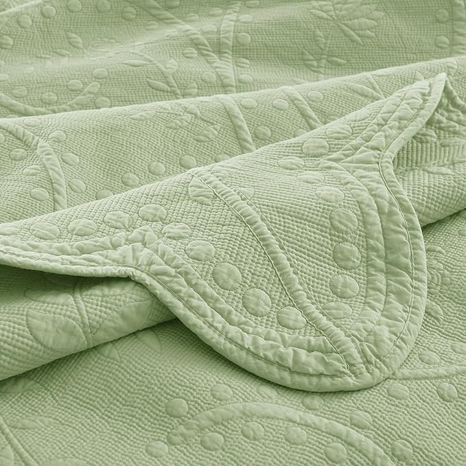MarCielo 3-Piece 100% Cotton Oversized Bedspread Lightweight Quilt Coverlet Embroidery Farmhouse Bedding Set (TX Pale Green, Oversized King (118