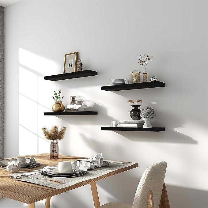 Black Wood Floating Shelves for Wall Rustic Wall Shelves for Bedroom Set of 6