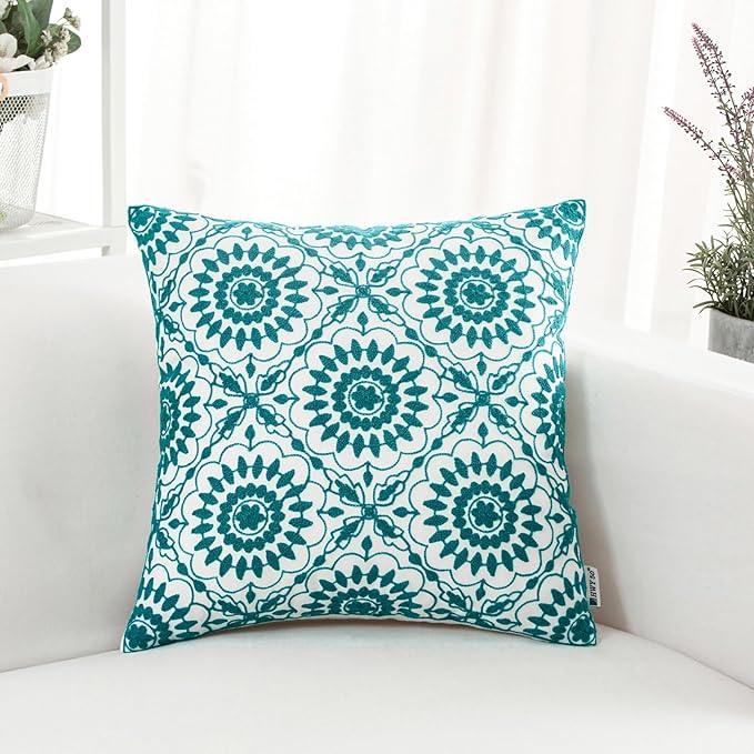 HWY 50 Teal Decorative Throw Pillow Covers 18x18 Inch (1 Piece), Embroidered Cotton Farmhouse Cushion Cover Pillow Case for Sofa Couch Living Room Bed, Little Sunflower