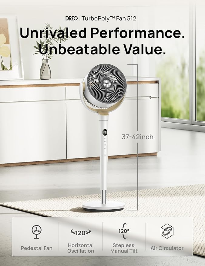 Dreo Fan for Bedroom, 120° Oscillating Standing Fan, Quiet Pedestal Fan with DC Motor, 9 Speeds, 4 modes, 20dB, 120° Manual Vertical, 37-42