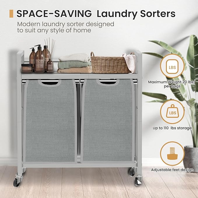 Laundry Hamper, Laundry Basket, Laundry Sorter with 3 Removable Bags, Clothes Basket with 3 Compartments, Wheels, Shelf for Laundry Room Bathroom Bedroom (2 Bags-Gray)