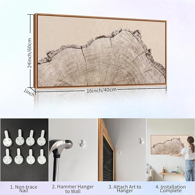 SIGNINART Large Tree Ring Framed Canvas Wall Art, Rustic Beige Wooden Wall Decor, Neutral Nature Wood Stump Artwork, Modern Art Prints for Bedroom Living Room Office 20