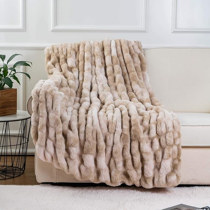 BATTILO HOME Ruched Luxury Faux Fur Throw Blanket Beige Tie-dye Rabbit Fur Blanket for Couch, Living Room, Fuzzy, Soft, Plush, Cozy, Elegant with Reversible Mink Blanket Beige, 60
