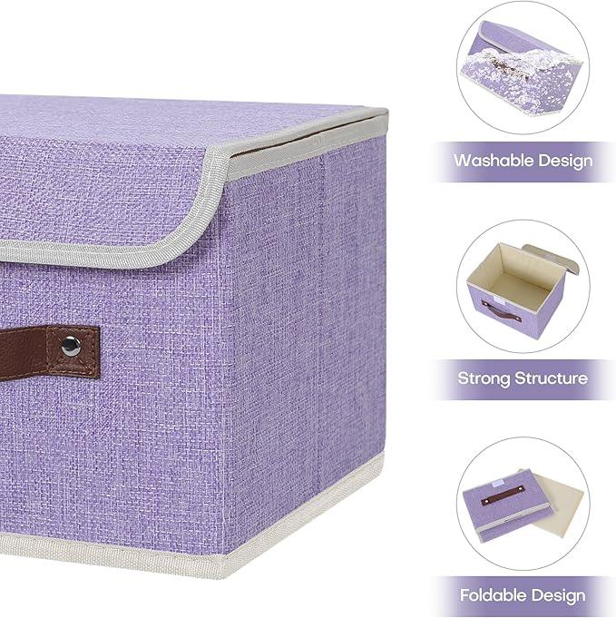 ANMINY 4PCS Storage Bins with Lid PU Leather Handles Storage Boxes PP Plastic Board Decorative Foldable Lidded Cotton Linen Fabric Home Cubes Baskets Closet Organizer Containers - Purple, Small Size