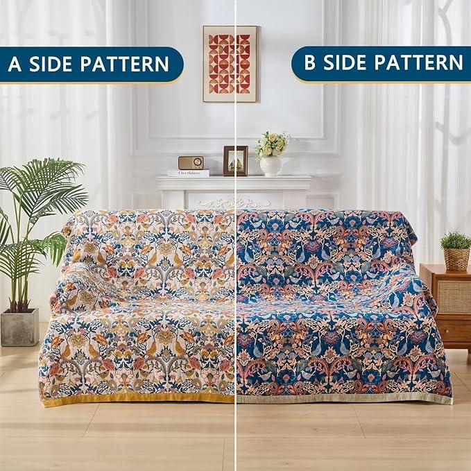 Boho Throw Blanket Reversible Cotton Bohemian Tapestry,100% Cotton Throw Blanket for Couch,Sofa,Chair,Lightweight Summer Quilt Soft 4-Layer Muslin Blanket for Farmhouse,Picnic Decor 50