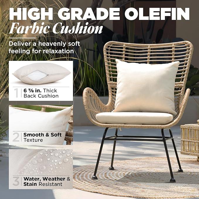 IDZO Isabelle Upgraded 2000 Hours UV Wicker Chairs Outdoor Set of 2, 500 lbs Capacity Outdoor Patio Chair, All-Weather Club Chair with Water-Resistant Olefin Cushions, Boho Style, Beige