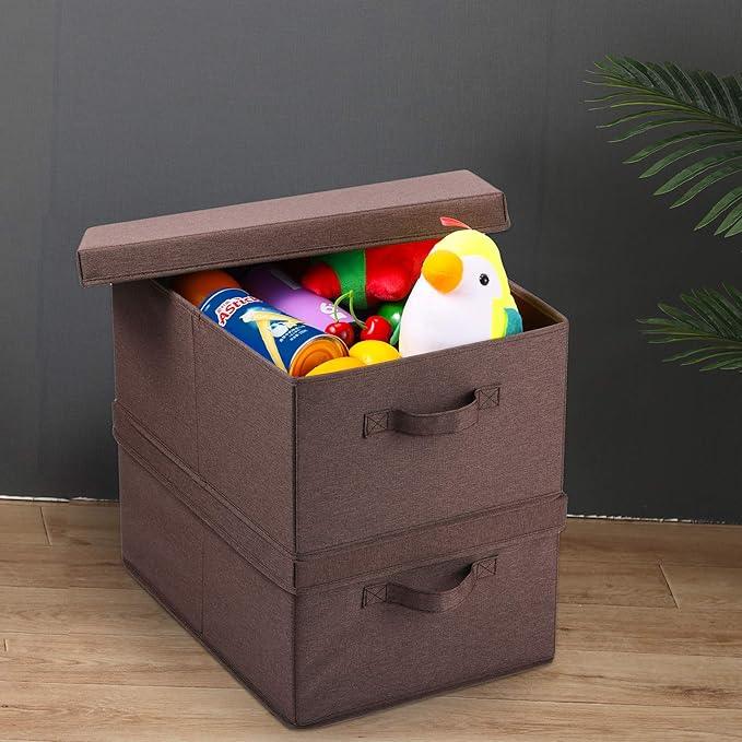 HOONEX Linen Foldable Storage Bins with Lids, 2 Pack, Storage Boxes with Carrying Handles and Sturdy Heavy Cardboard, 16.5