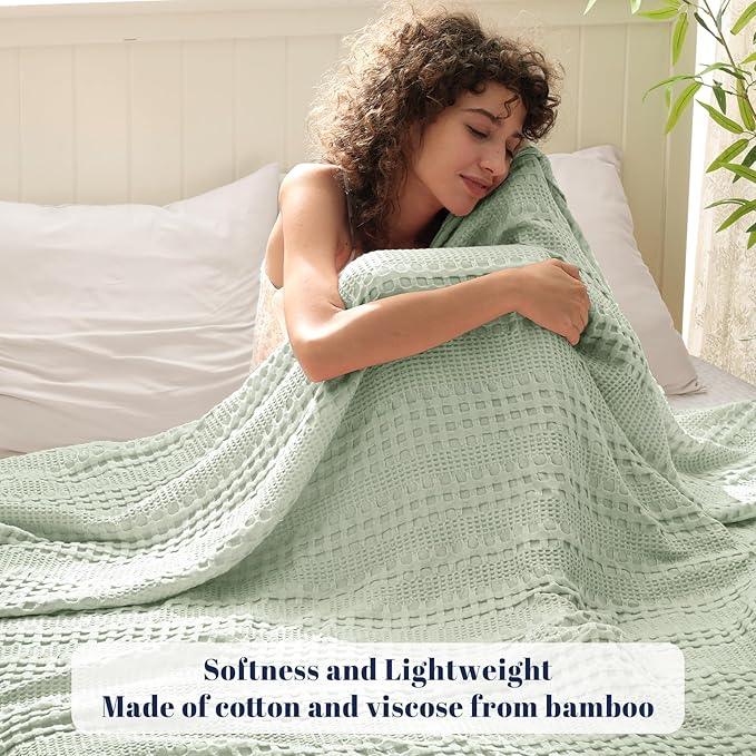 PHF Cooling Waffle Blanket Twin Size, Lightweight 60% Rayon Derived from Bamboo & 40& Cotton Breathable Blanket for Hot Sleepers, Soft and Luxury for Bed Couch and Sofa, 66