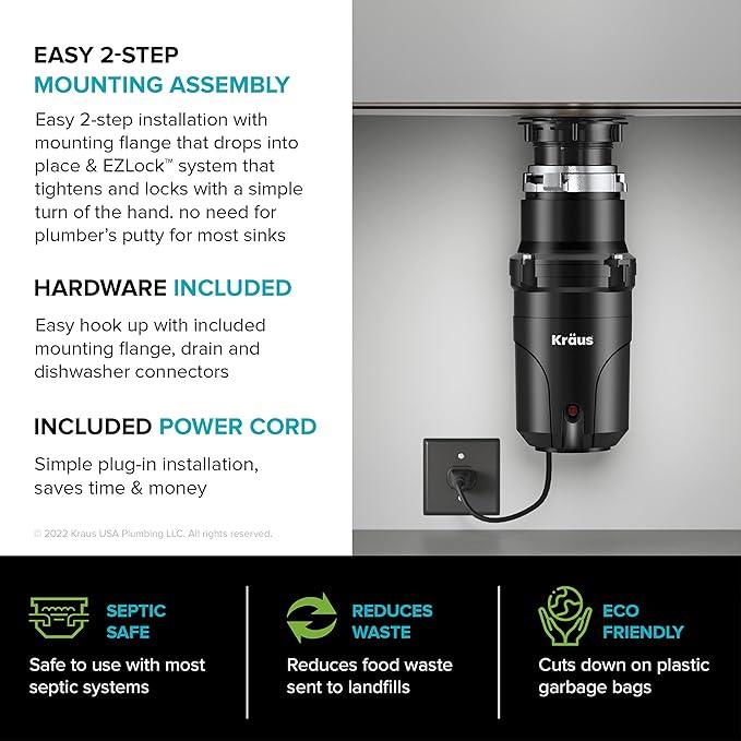 KRAUS WasteGuard 1/2 HP Continuous Feed Ultra-Quiet Motor Garbage Disposal with Quick Connect Mount, Power Cord and Flange Included, KWD110-50MBL