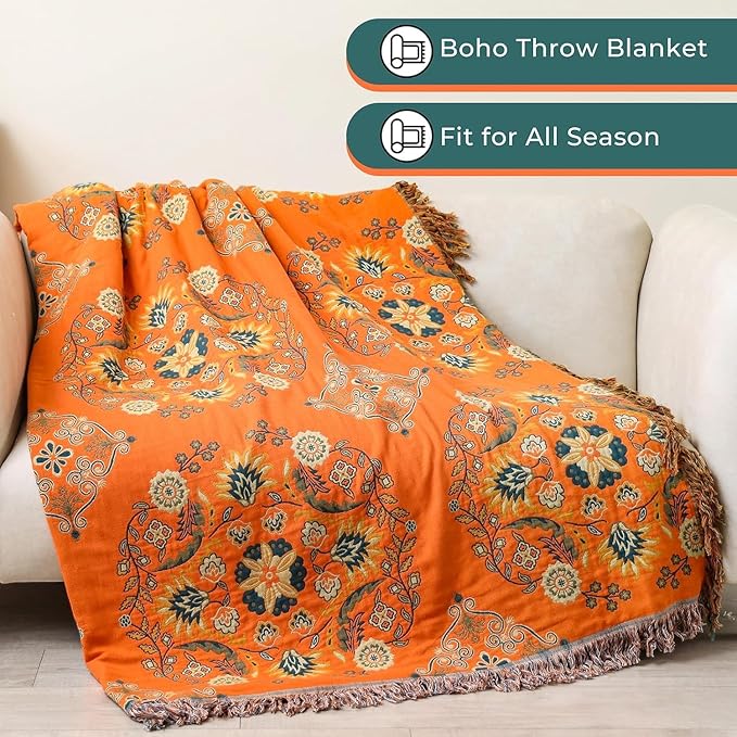 Throw Blanket for Couch Bed Chair,100% Cotton Soft Lightweight Blanket Rustic Quilt -Orange Floral Printed Farmhouse Decor Bed All Season Blankets,90