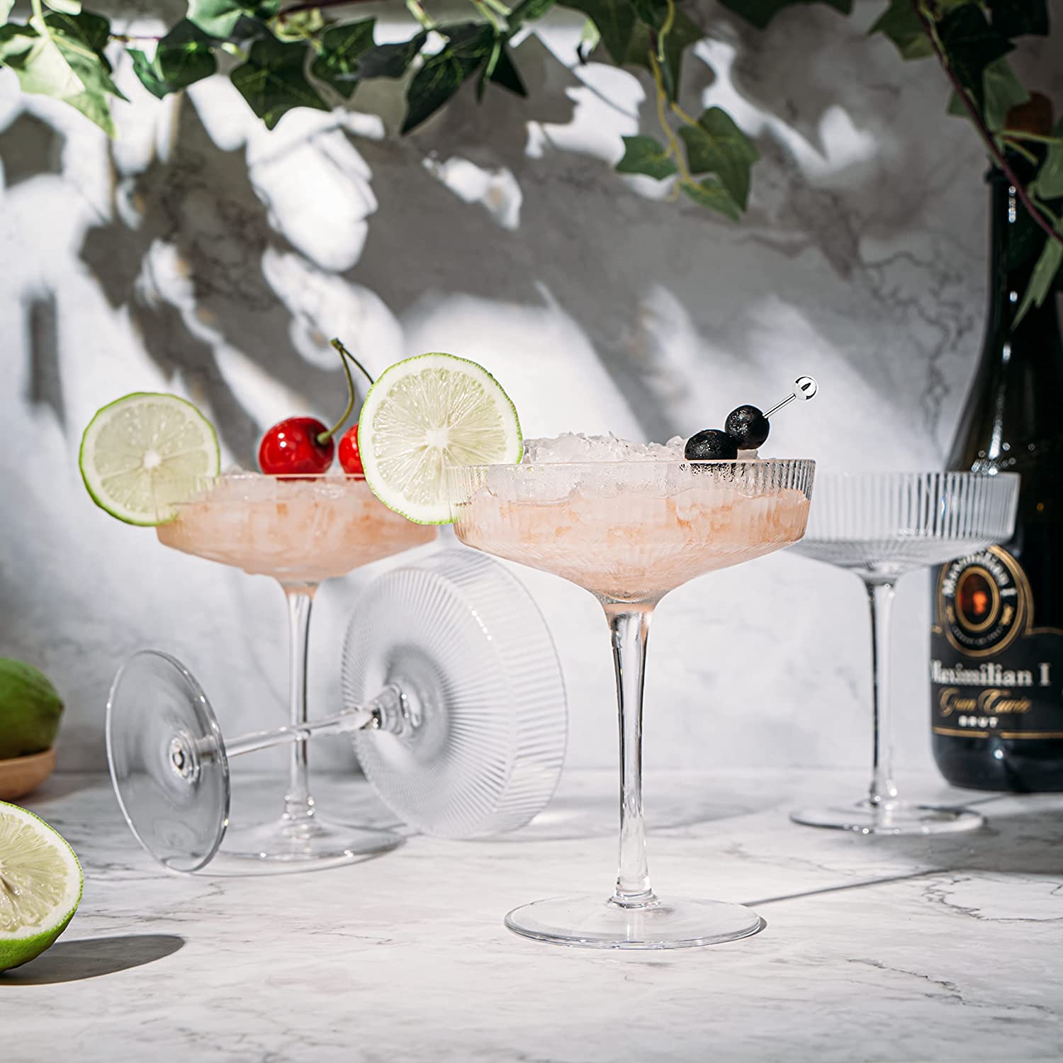 Ribbed Coupe Cocktail Glasses 8 oz | Set of 4 | Classic Manhattan Glasses For Cocktails, Champagne Coupe, Ripple Coupe Glasses, Art Deco Gatsby Vintage, Crystal with Stems (Clear)