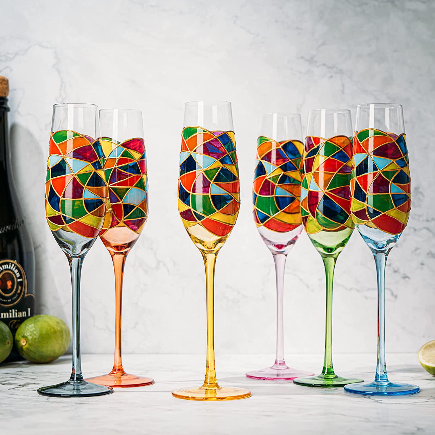 Stained Glass Champagne Flutes Set of 6 Hand Painted - Wine Savant - Hand Blown 7 Ounce Colorful Renaissance Champagne Glasses - 10.2