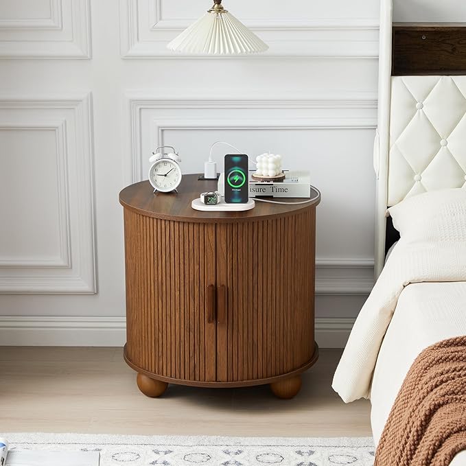 Farmhouse Round End Table with Charging Station, 24