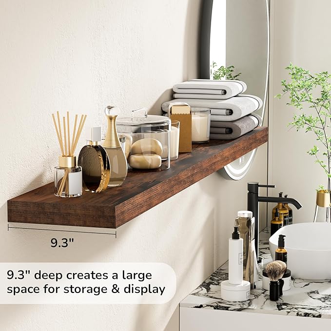 Fun Memories 55 Inch Floating Shelves - 9 Inch Deep Rustic Wooden Wall Shelves - Extra Deeper & Thicker Wall Mounted Storage Shelf for Living Room, Kitchen, Farmhouse - 55