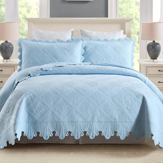 MarCielo 3-Piece 100% Cotton Oversized Bedspread Lightweight Quilt Coverlet Embroidery Farmhouse Bedding Set (TK Light Blue, Oversized King (118