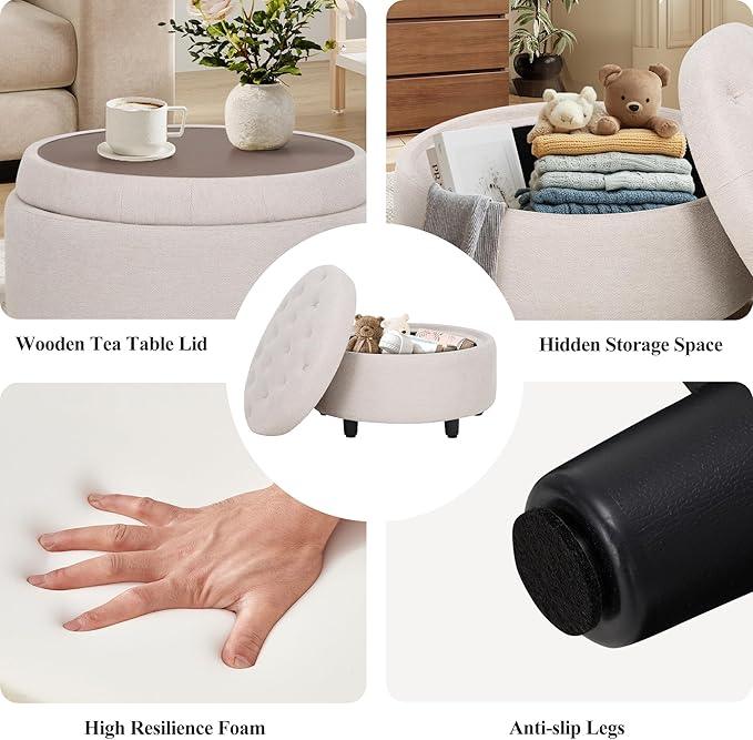 COLAMY Fabric Round Storage Ottoman with Reversible Tray Lid – Multi-Functional Footrest, Hidden Storage, Sturdy & Stylish Small Coffee Table for Living Room, Bedroom, or Entryway(Beige)