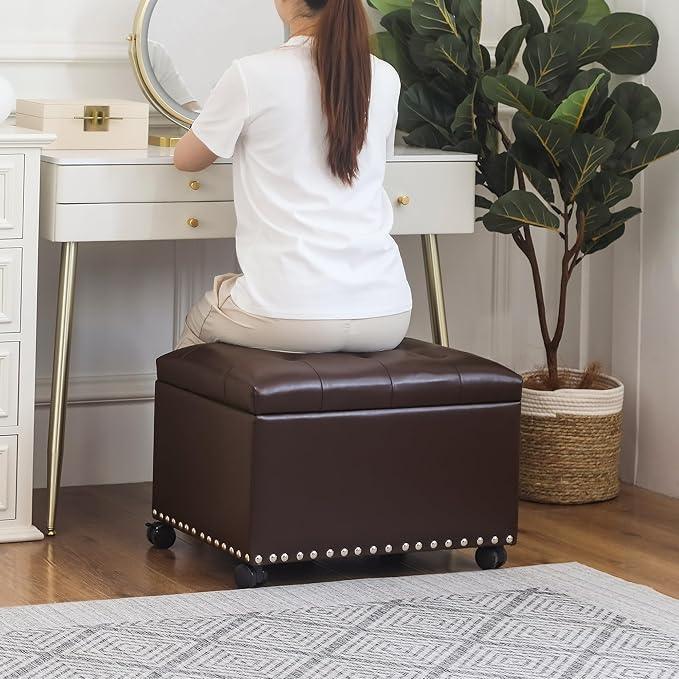 Joveco Leather Storage Ottoman with 360° Wheels 24