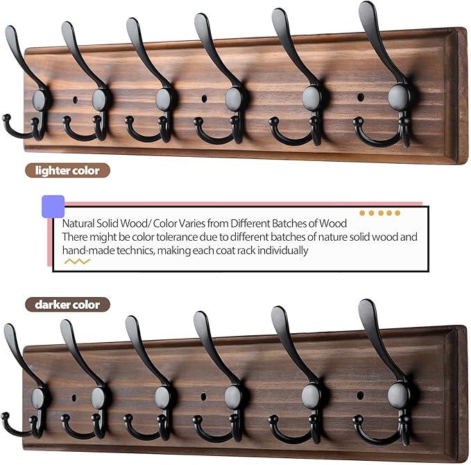 Coat Rack Wall Mount, Wooden Heavy Duty Coat Rack for Wall,6 Triple Coat Hanger Hooks for Hanging Coats,Jacket,Hat,Clothes (Brown, 6 Hooks)
