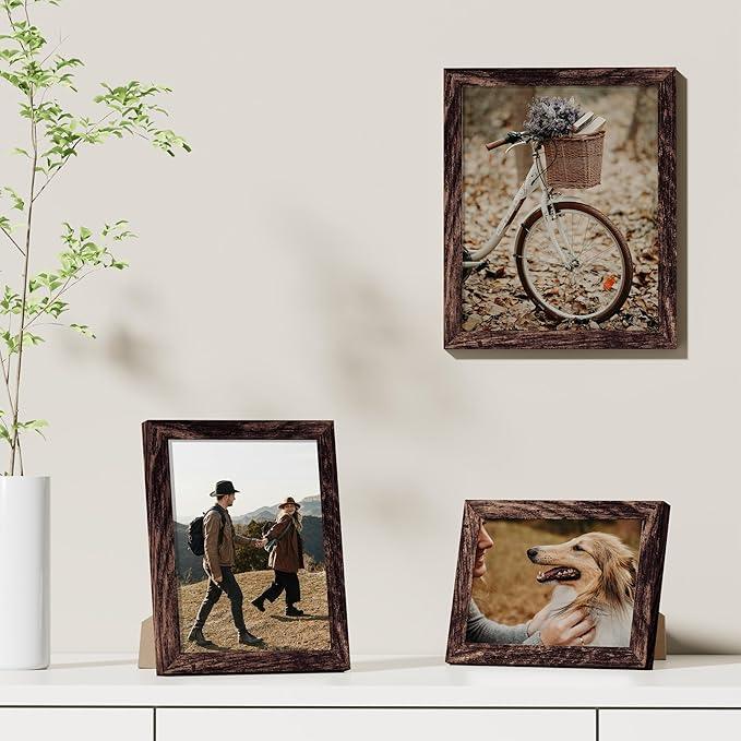 Vittanly 5x7 Picture Frames Set of 9, Shatter Resistant Plexiglass, Display 4x6 Pictures with Mat or 5x7 without Mat, Photo Frames for Wall or Tabletop, Engineered Wood, Brown