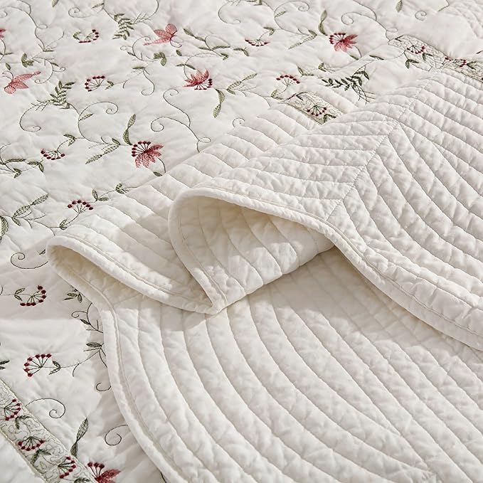 MarCielo 3-Piece 100% Cotton Oversized Bedspread Lightweight Quilt Coverlet Embroidery Farmhouse Bedding Set (TC Soft White,Oversized Queen (100