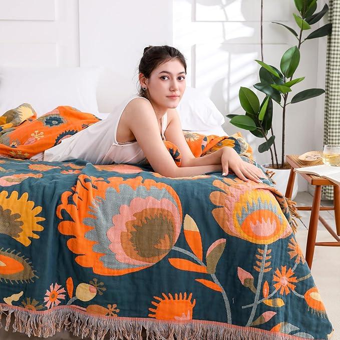 Snycler Boho Throw Blanket for Bed, 100% Organic Cotton Muslin Soft Throw-Orange Boho Floral Farmhouse Rustic Spring Summer Fall Decor Blanket for Couch Sofa Quilt and Gift, 80