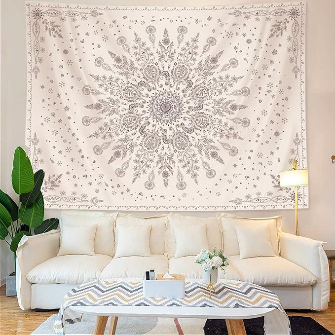 Lunerfex Boho Floral Tapestry Mandala Wall Tapestry, Cute Tapestries for Bedroom Beige Flower Tapestries Wall Hanging for Bedroom Living Room Decor Beige-1 60