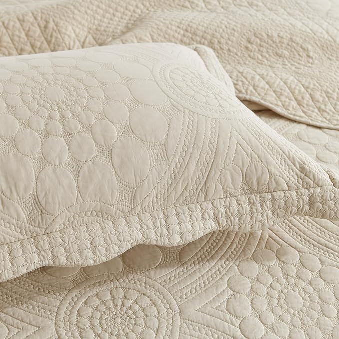 MarCielo 3-Piece 100% Cotton Oversized Bedspread Lightweight Quilt Coverlet Embroidery Farmhouse Bedding (Tf Khaki Beige, Oversized King (118