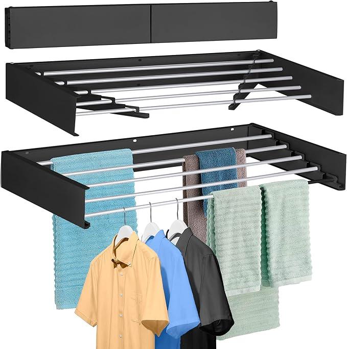 FOCHIER F Laundry Drying Rack Wall Mounted Clothes Drying Rack Collapsible with 5 Aluminum Rods and Drilling Template Long Screwdriver Bit 60 lbs Capacity (Black, 40