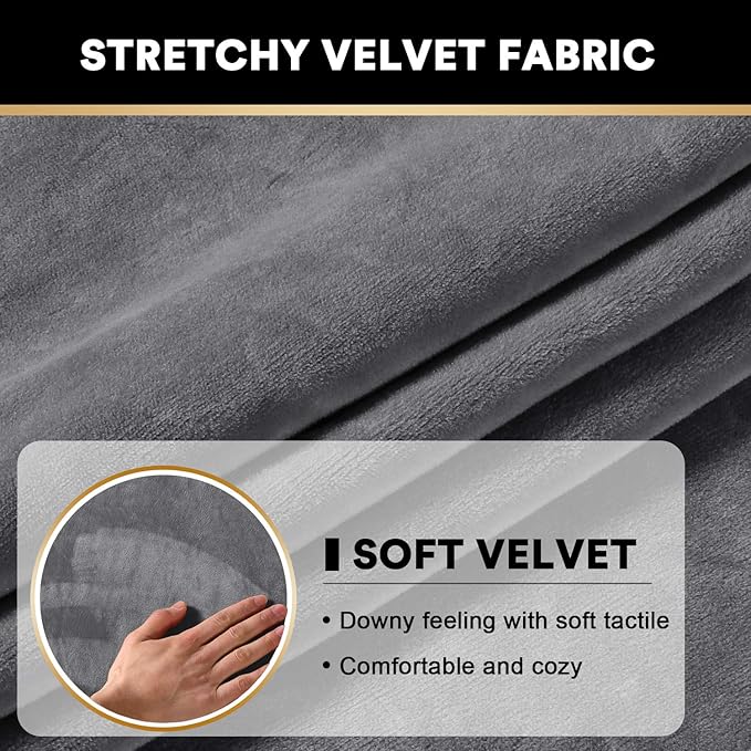 PrinceDeco Stretch Sofa Cushion Covers for Couches and Sofas,Soft Velvet Couch Seat Covers, Sofa Covers Washable, Seat Cushion Cover for 3 Couch Sofa Pet Friendly - Grey, Each Width Up to 29.5