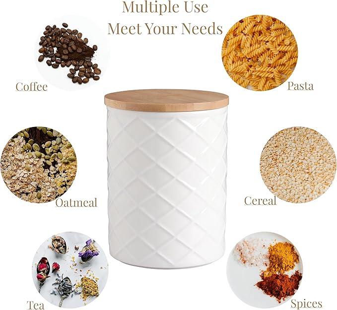 Sweejar Ceramic Canisters Sets for Kitchen Countertop, Relief Food Storage Jar with Bamboo Lid, Stackable Container for Flour, Coffee, Pasta, Cereal, Tea, Cookies, Sugar, Spices, Pack of 4 (Black)