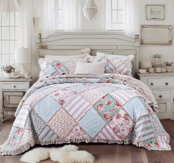 DaDa Bedding Hint of Mint Floral Pastel Cotton Patchwork Ruffle Bedspread Set (JHW-3036)