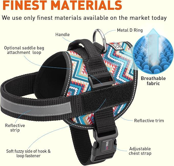 Dogline Dog Harness, Reflective No-Pull Adjustable Vest with Handle for Walking, Training, Breathable, No - Choke Harness for Small, Medium or Large Dogs Room for Patches Aztec Design 2 L 27