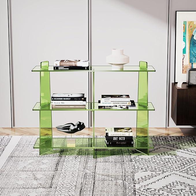 Acrylic Bookshelf, Small 3 Tier Open Bookcase for Small Spaces,Sofa Table, Hallway Entry Table for Home Living Room (Green, 39.4'' x 11.8'' x 31.5'')
