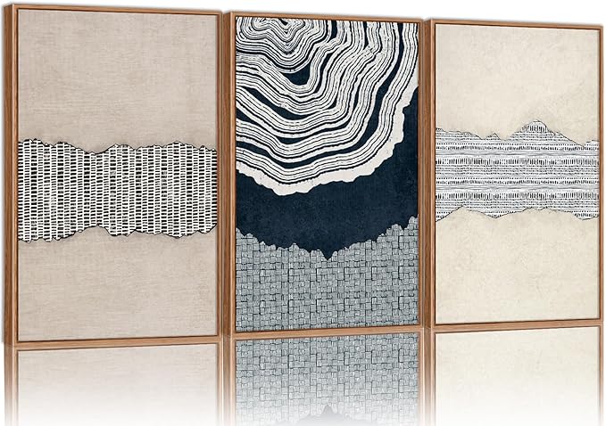 SIGNINART Blue and Beige Framed Canvas Wall Art Set, Neutral Abstract Tree Ring Wall Decor, Minimalist Dots and Line Artwork, Geometric Pattern Art Paintings for Living Room, Bedroom, Office 16