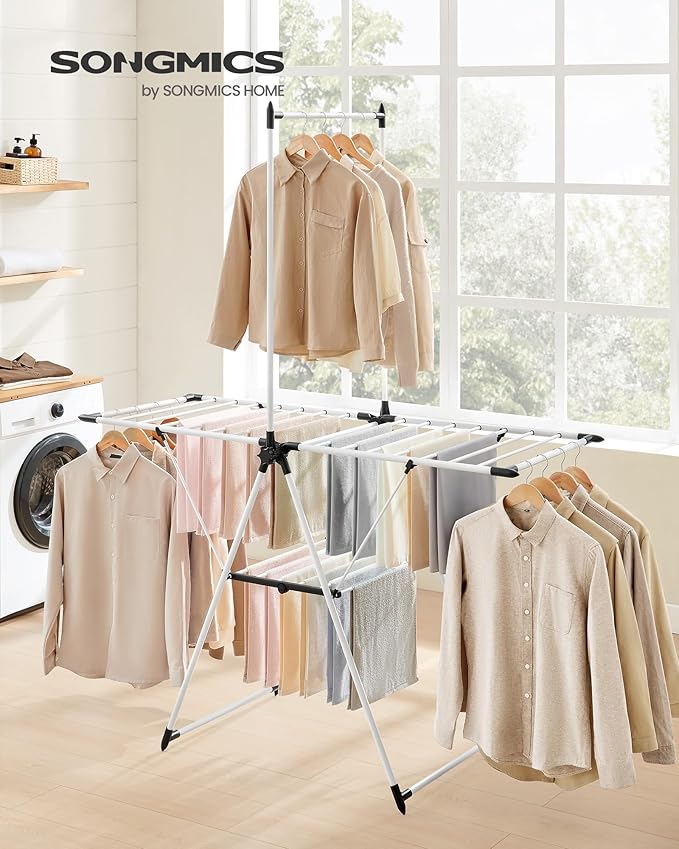 SONGMICS Clothes Drying Rack, Foldable 2-Level Laundry Drying Rack, Free-Standing Airer, 1 Additional Tall Hanging Bar, 2 Height-Adjustable Wings, 24 Drying Rails, Space Savng, Simply White ULLR521W01
