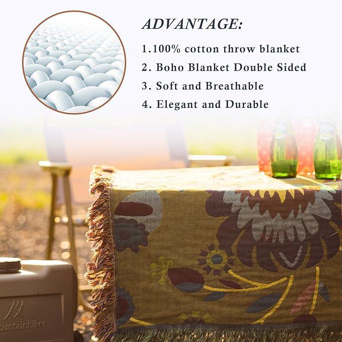 Snycler Boho Throw Blanket for Bed, 100% Organic Cotton Muslin Soft Throw-Yellow Boho Floral Farmhouse Rustic Spring Summer Fall Decor Blanket for Couch Sofa Quilt and Gift, 80
