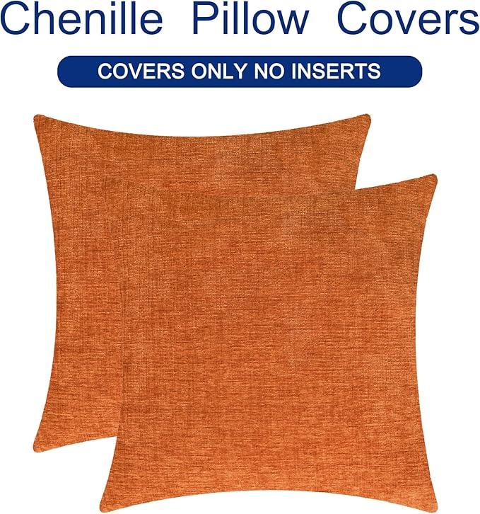 CaliTime Fall Throw Pillow Covers Decorative 16 X 16 Inches Pack of 2 Cozy Chenille Cushion Cases for Couch Sofa Bed Living Room Home Burnt Orange