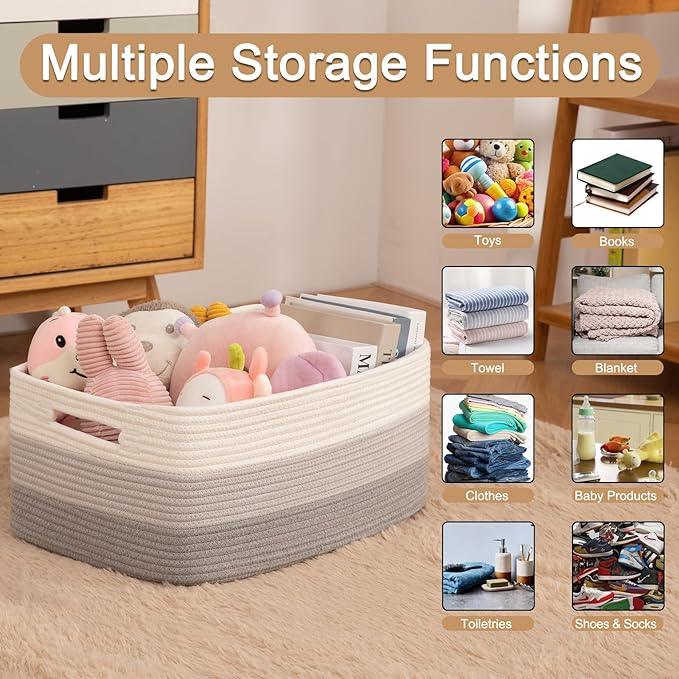 Large Storage Basket for Organizing, Woven Rope Basket for Shelves, Closet Organizer Bins for Clothes, Blanket, Toys, Baby Nursery Storage, 17.7