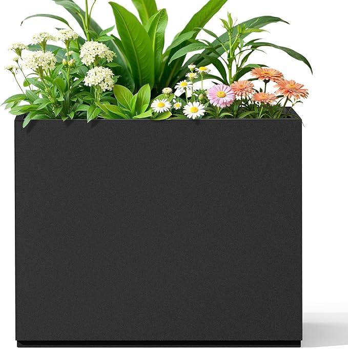 FENCY Metal Planter Box, Large Rectangular Planters for Outdoor Plants, Outdoor Tall Planters with Drainage Holes, Black Metal Planters (30