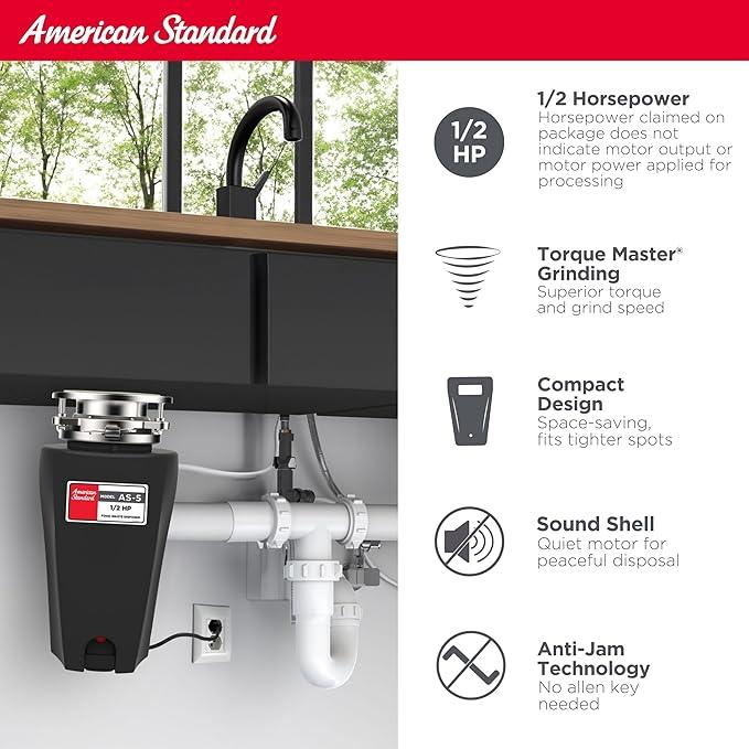 American Standard 10-US-AS-5 Garbage Disposal Anti-Jam Stainless Steel Food Waste Grinding System, Slim Line, 1/2 HP, Black