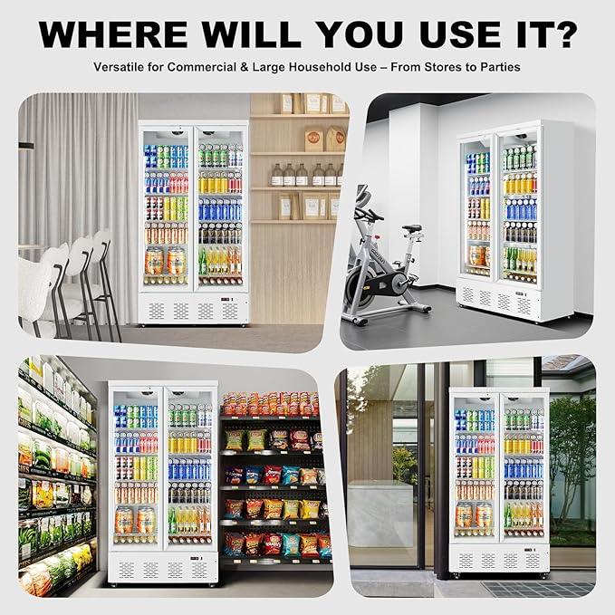 30.5 Cu.ft. Commercial Refrigerators 2 Glass Door Commercial Beverage Refrigerators Upright Display Cooler with Soft LED Light and 10 Adjustable Shelves for Restaurant Grocery Stores Home