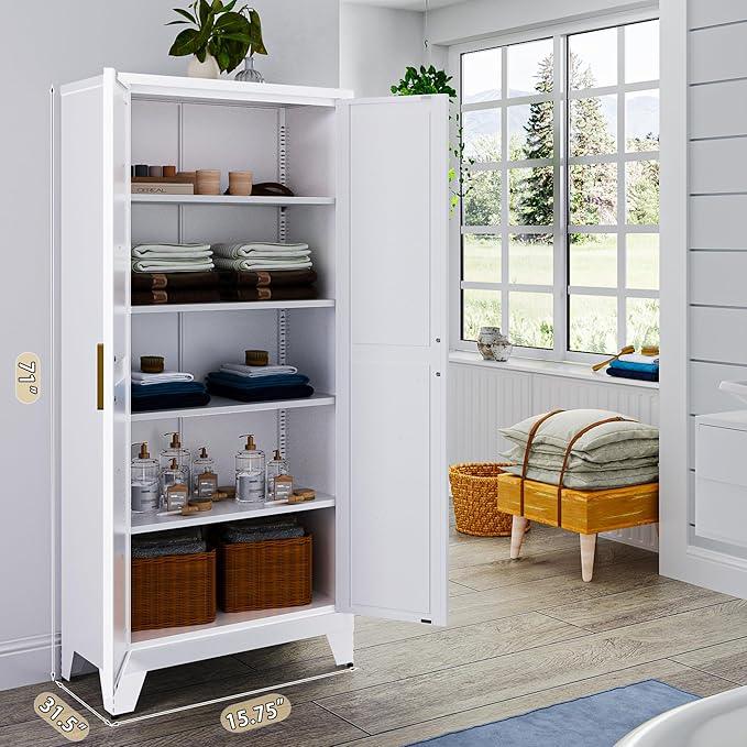 71'' Farmhouse Metal Storage Cabinet with Barn Doors,Steel File Cabinet for Home Office,Kitchen Pantry 4 Adjustable Shelves,Freestanding Cupboard for Kitchen,for Home Office,School (White)