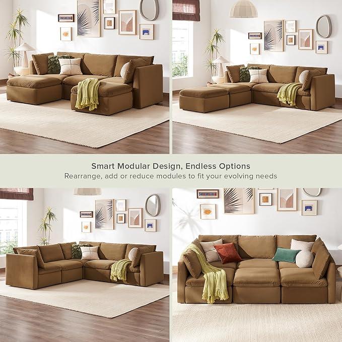 mopio Oversized Modular Sectional Sofa with Fully Removable Covers and Storage, Convertible U, L-Shaped and Sleeper Sectional, Modern Couches with Ottoman Chaise (Hazelnut Velvet, 5 Seats, U)