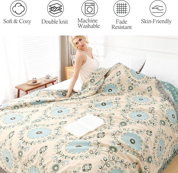 Snycler Boho Throw Blanket for Bed - 100% Cotton Ultra Soft Rustic Quilt - Blue Boho Floral Printed Farmhouse Decor Bed Blankets, 80